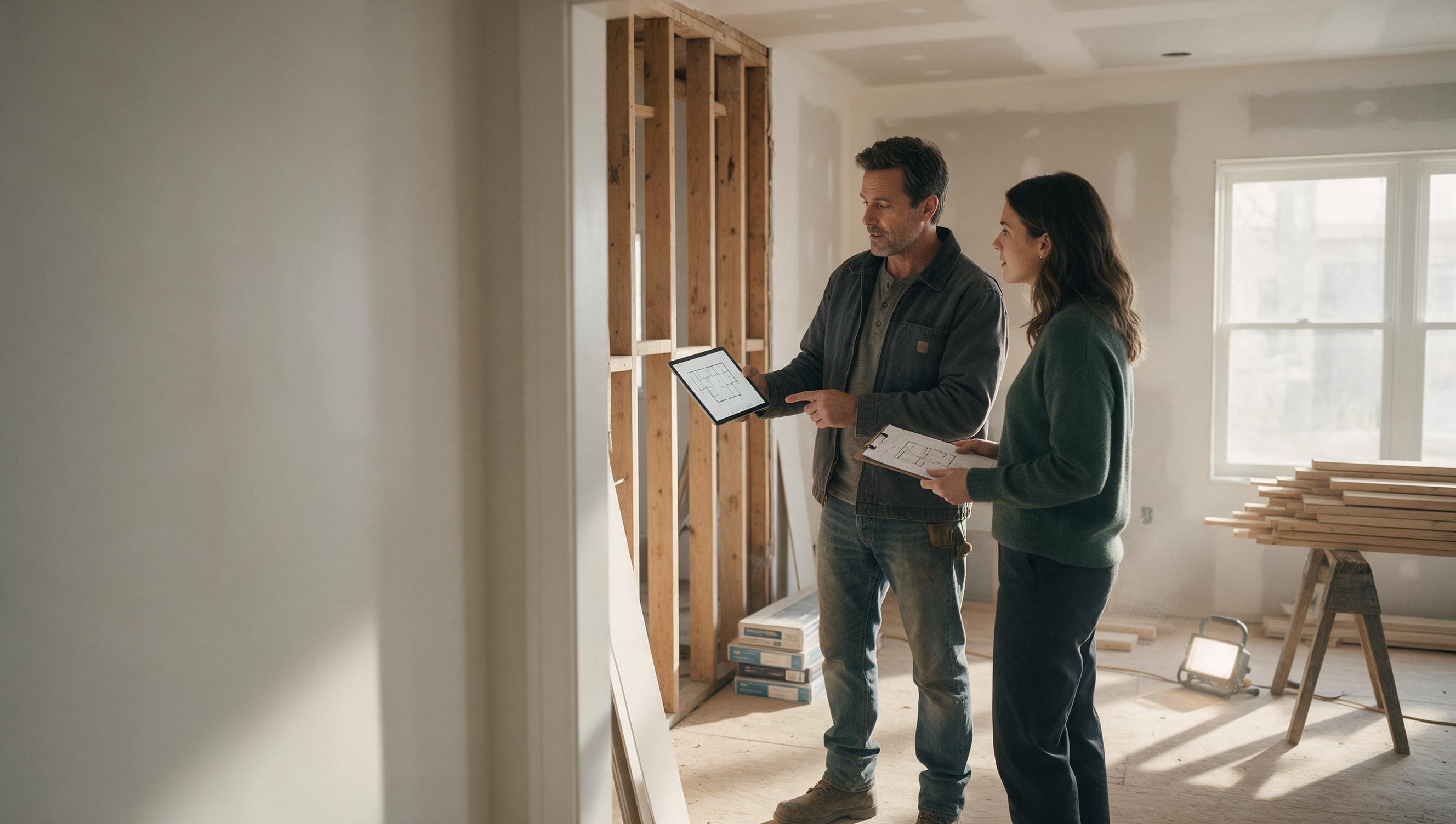 An experienced operator and an investor reviewing renovation plans on a tablet at a property under construction